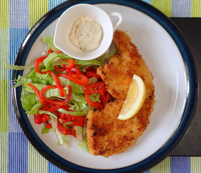 Turkey schnitzel with lettuce & pickled red peppers