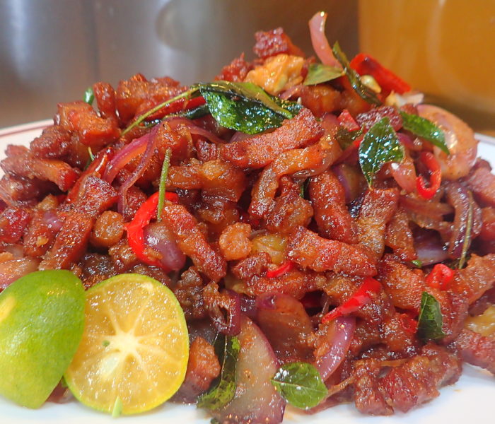 Spicy, Sour & Crispy Pork Belly in Belacan, Asam and Curry leaves – Special