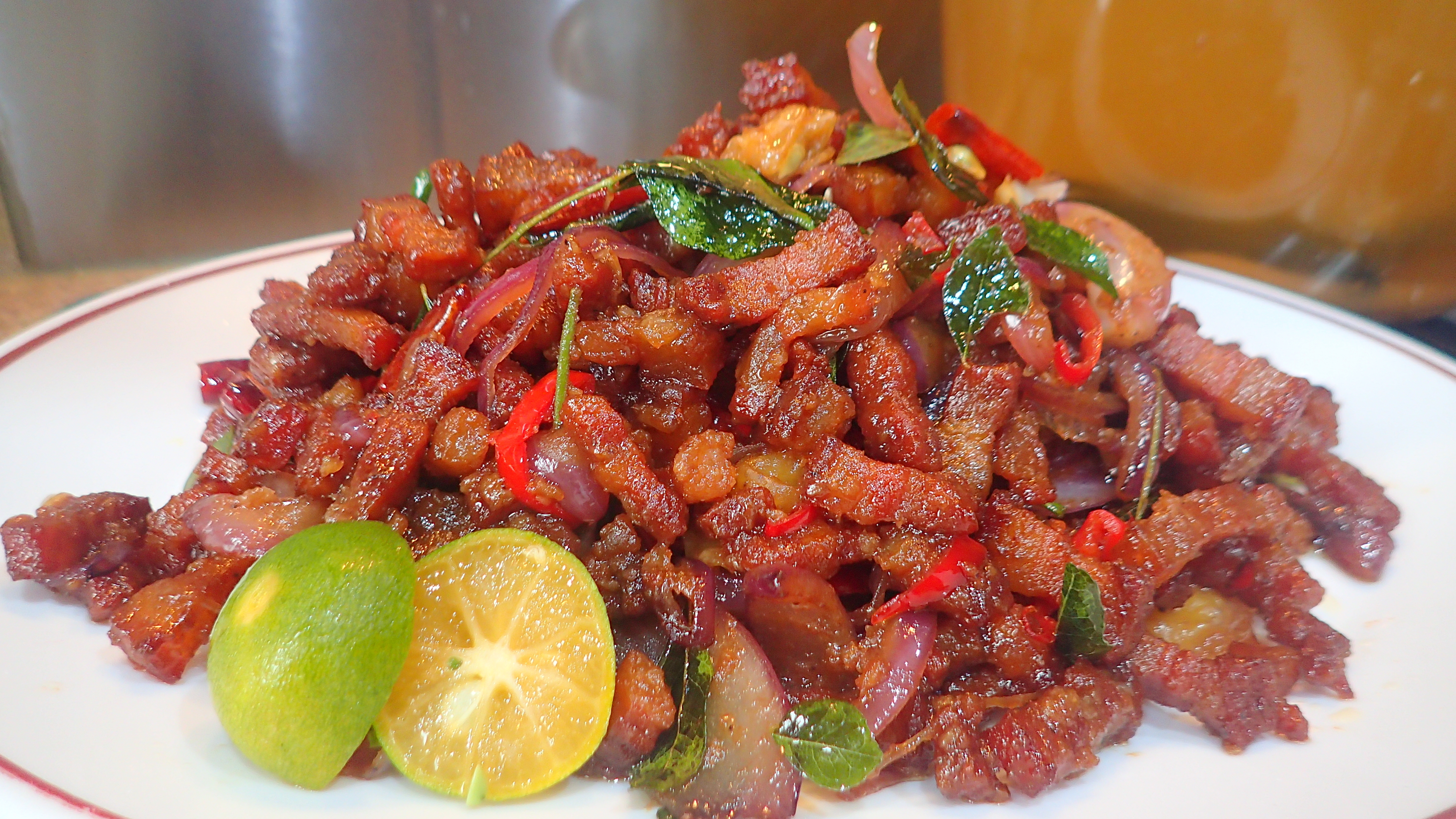Spicy, Sour & Crispy Pork Belly in Belacan, Asam and Curry leaves – Special
