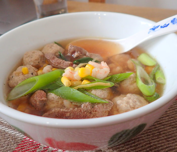 Sweetcorn kennels, meat balls and liver soup