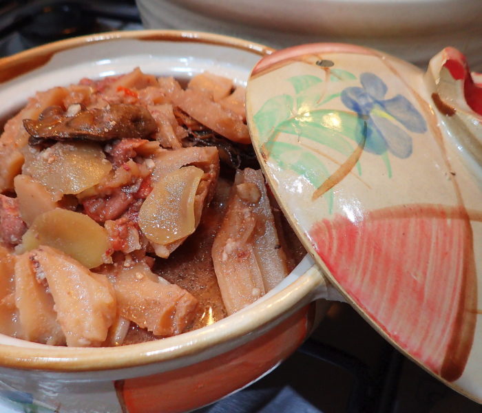 Braised pork ribs with lotus roots and nam yue (fermented red beancurd)